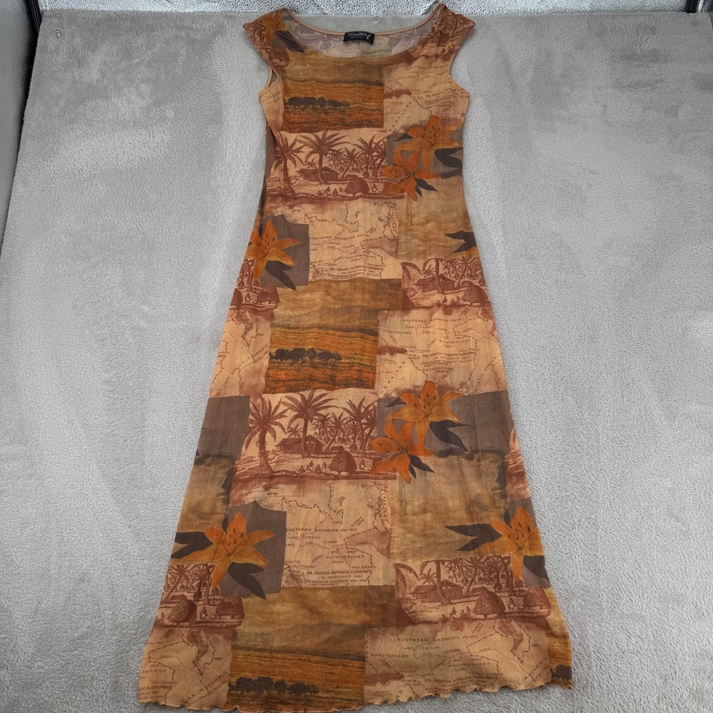 VTG Cosabella Historical Africa Map Patchwork A-Line Dress Womens L Brown Boho